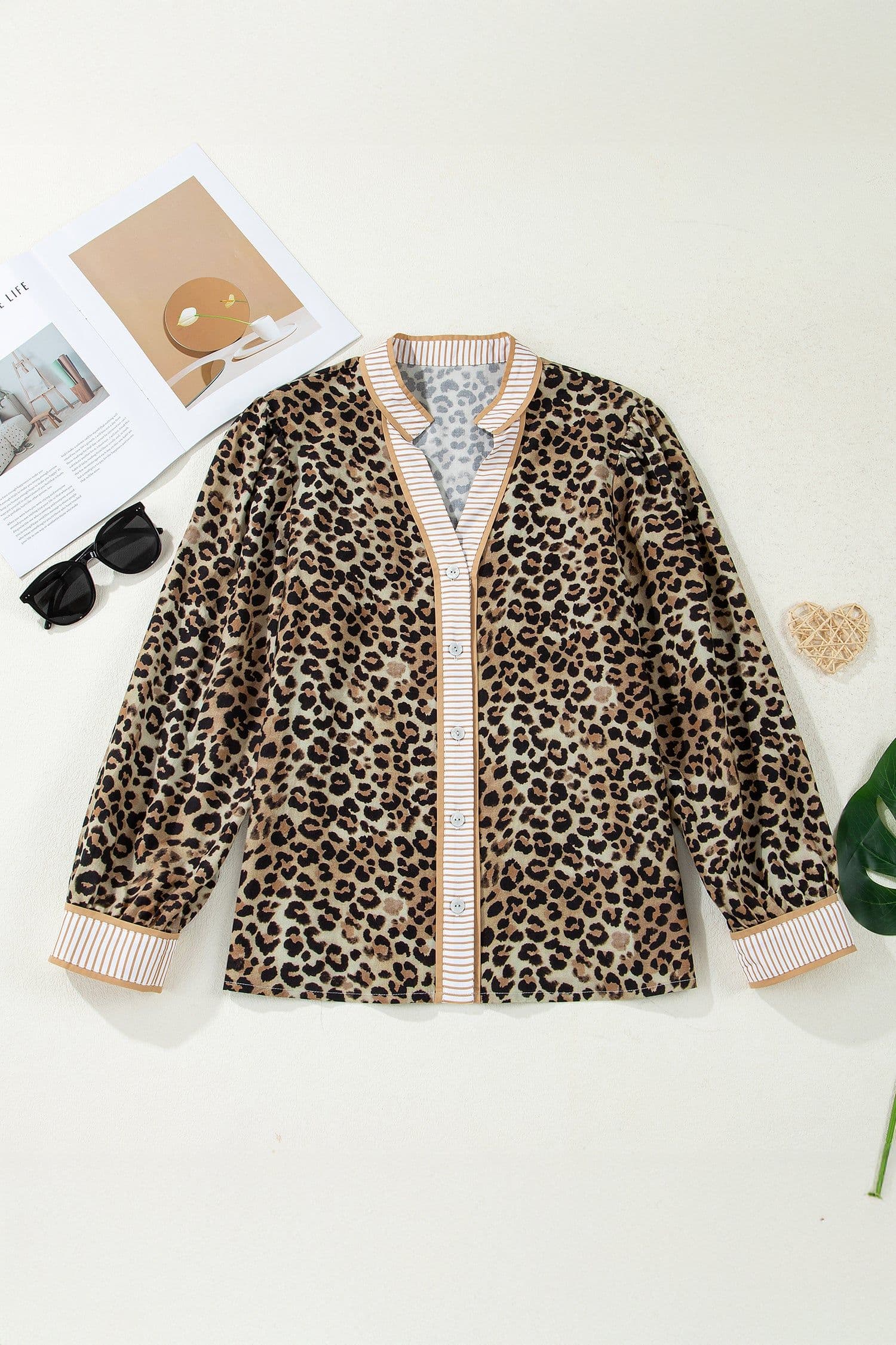 image-Khaki Contrast Striped Trim V Neck Leopard Shirt