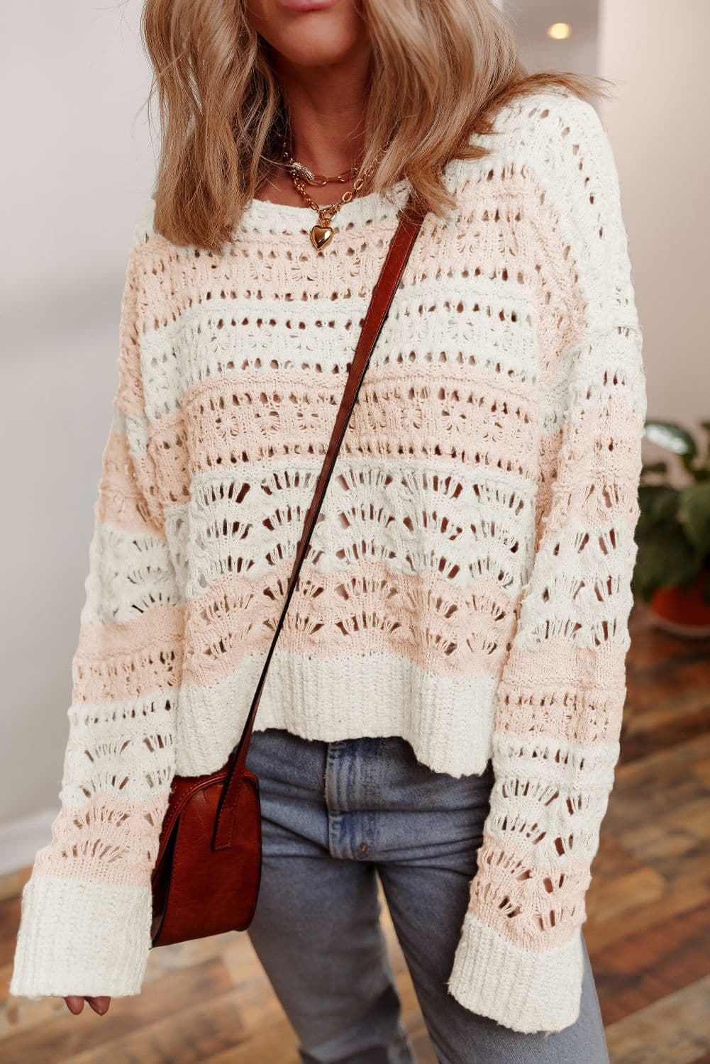 image-Pink Hollow-out Colorblock Drop Shoulder Casual Sweater