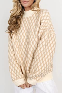 image-Oatmeal Diamond Knit Drop Shoulder Loose Sweater