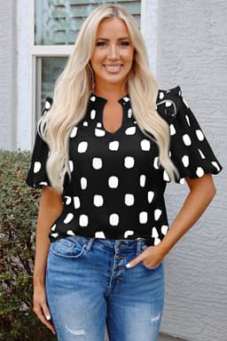 image-Rose Polka Dot Print Shirred Yoke Notched Neck Balloon Sleeve Blouse