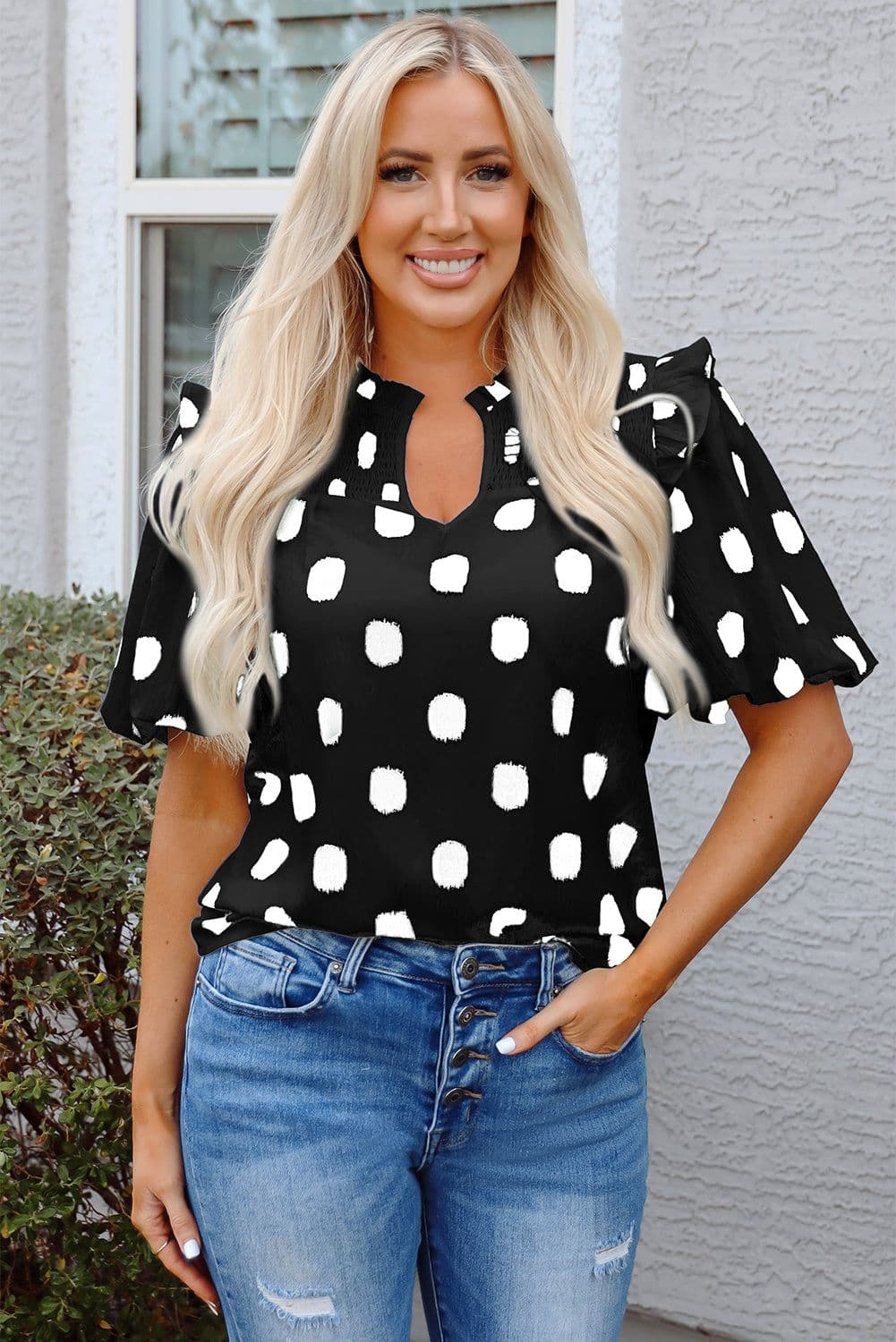 image-Rose Polka Dot Print Shirred Yoke Notched Neck Balloon Sleeve Blouse