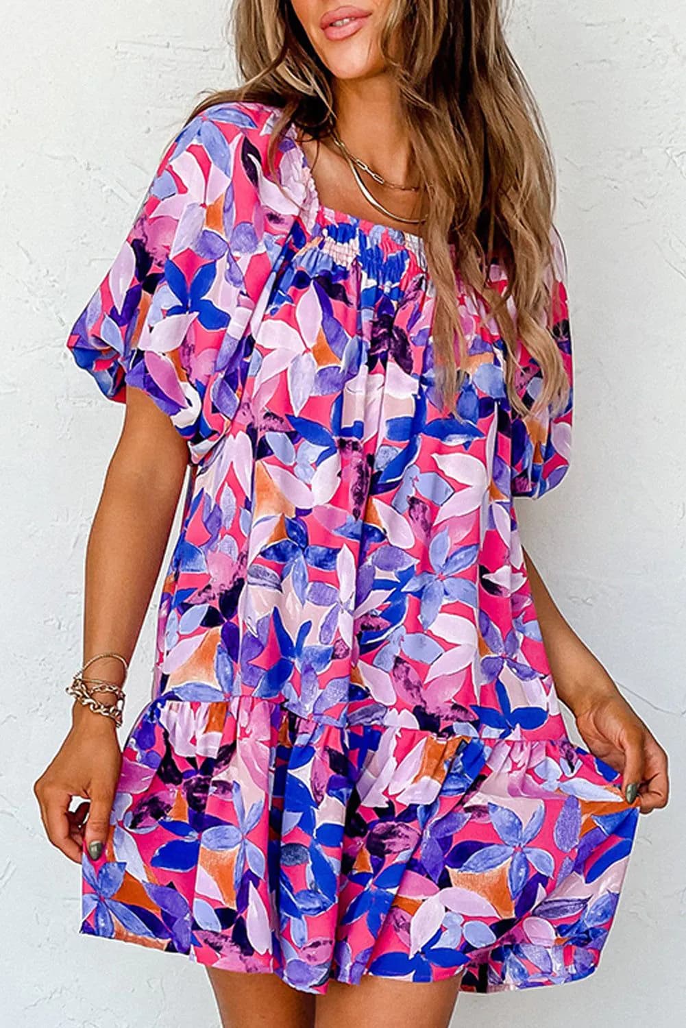 image-Purple Ruffled Short Sleeve Floral Print Dress - Sizes Available (59 characters)