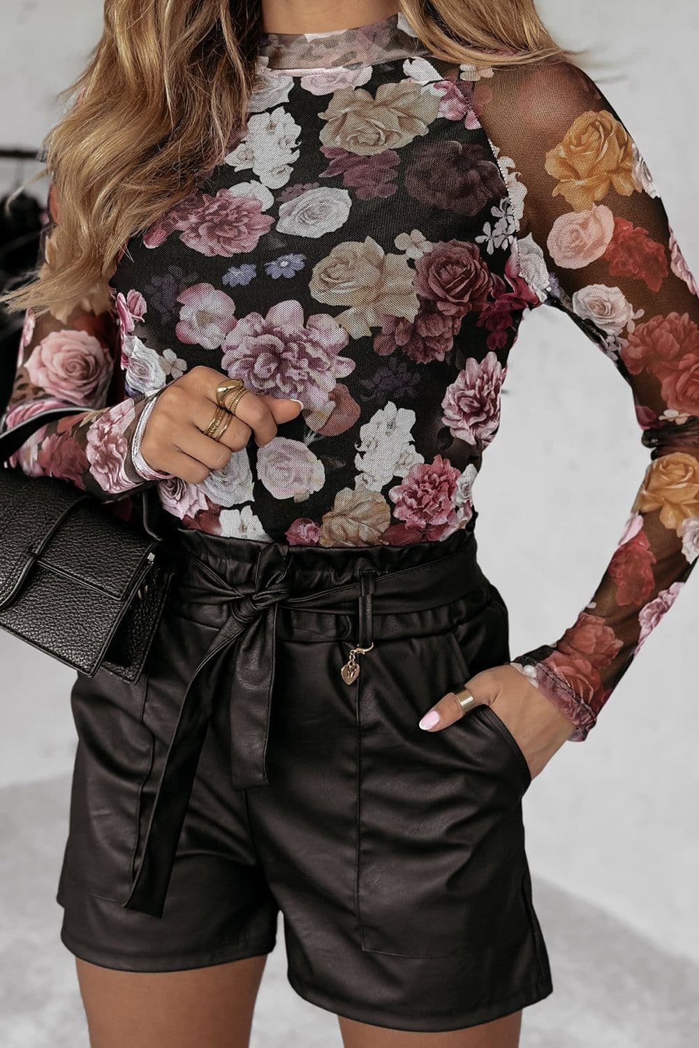 image-Pink Mesh Floral Print Mock Neck Long Sleeve Top