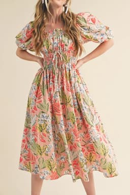 image-Apricot Pink Floral Smocked Bust Bubble Short Sleeve Maxi Dress