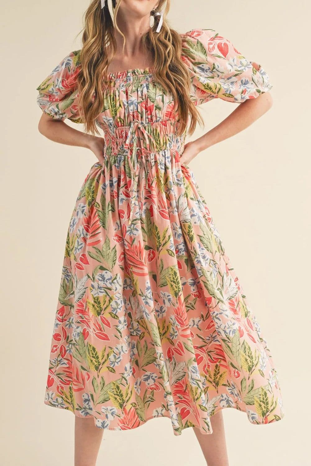 image-Apricot Pink Floral Smocked Bust Bubble Short Sleeve Maxi Dress