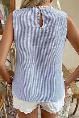 image-Sky Blue Stripe Lace Tank Top Crew Neck