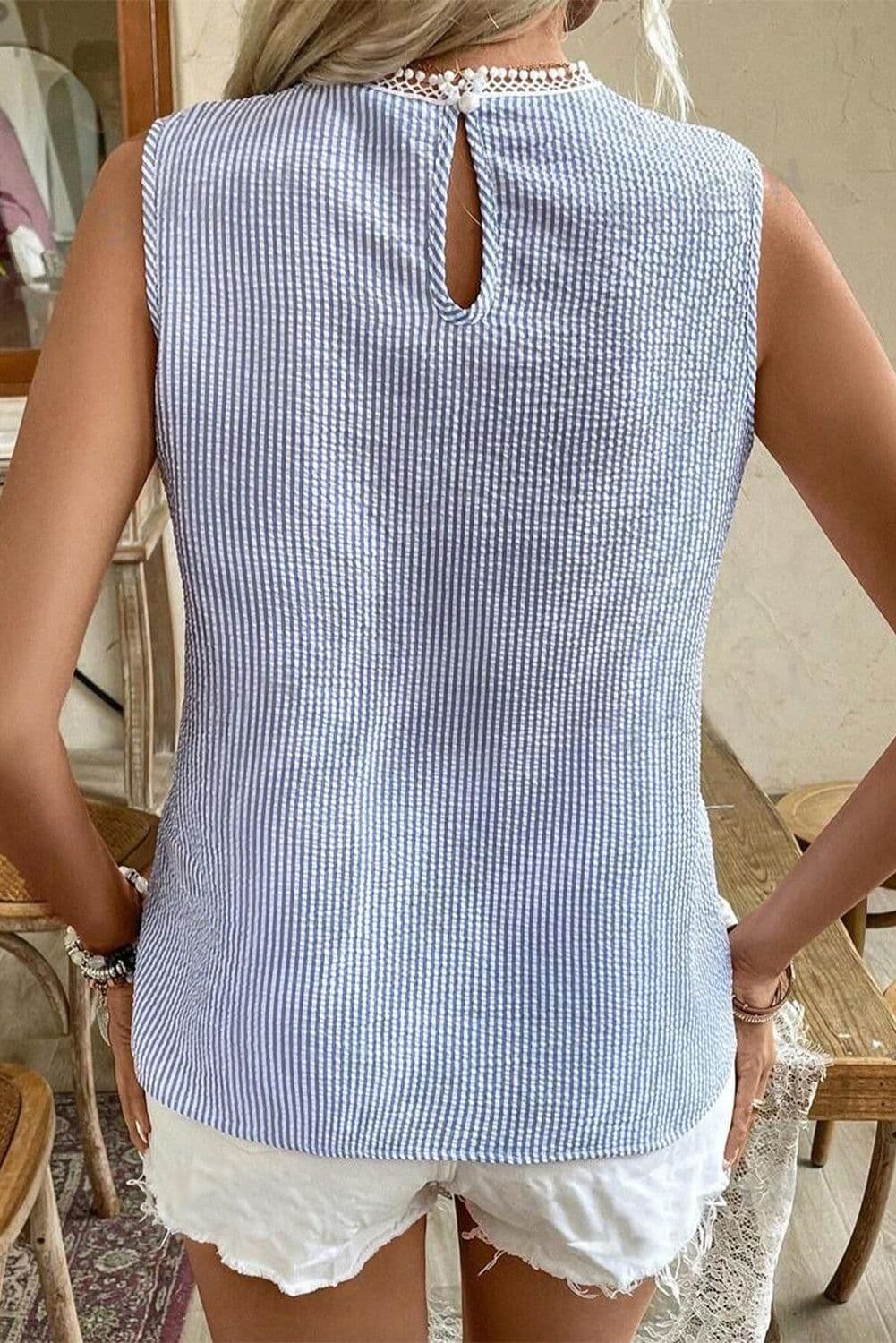 image-Sky Blue Stripe Lace Tank Top Crew Neck