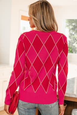 image-Rose Red Glitter Rhombus Pattern Knit Womens Casual Sweater