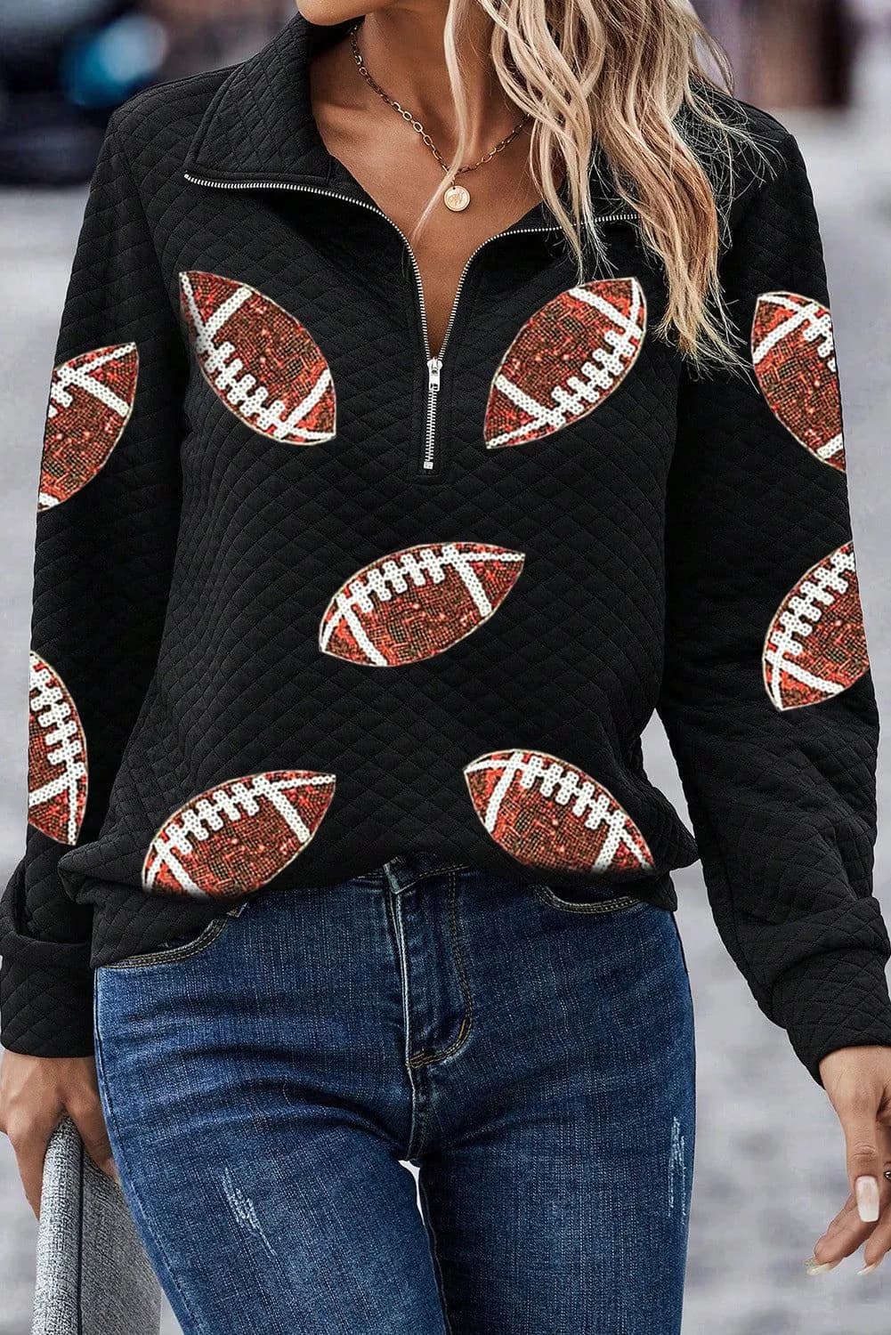 image-Sequin Rugby Sweatshirt - Quarter Zip, Textured Black with Football Patches
