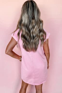 image-Orchid Petal Short Sleeve Double Chest Pocket Denim Shirt Dress
