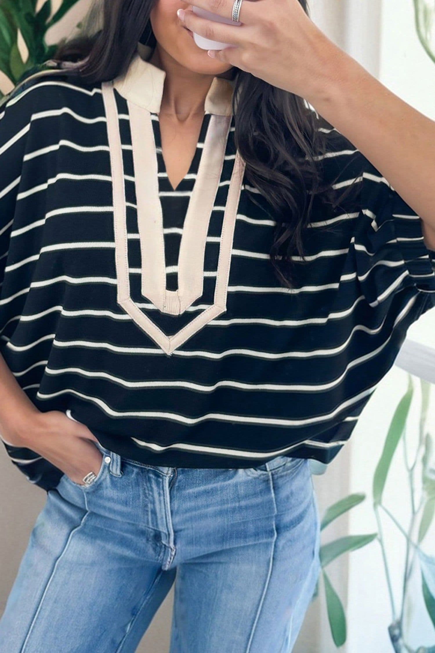image-Black Stripe Stand Collar Dolman Top - Half Sleeve