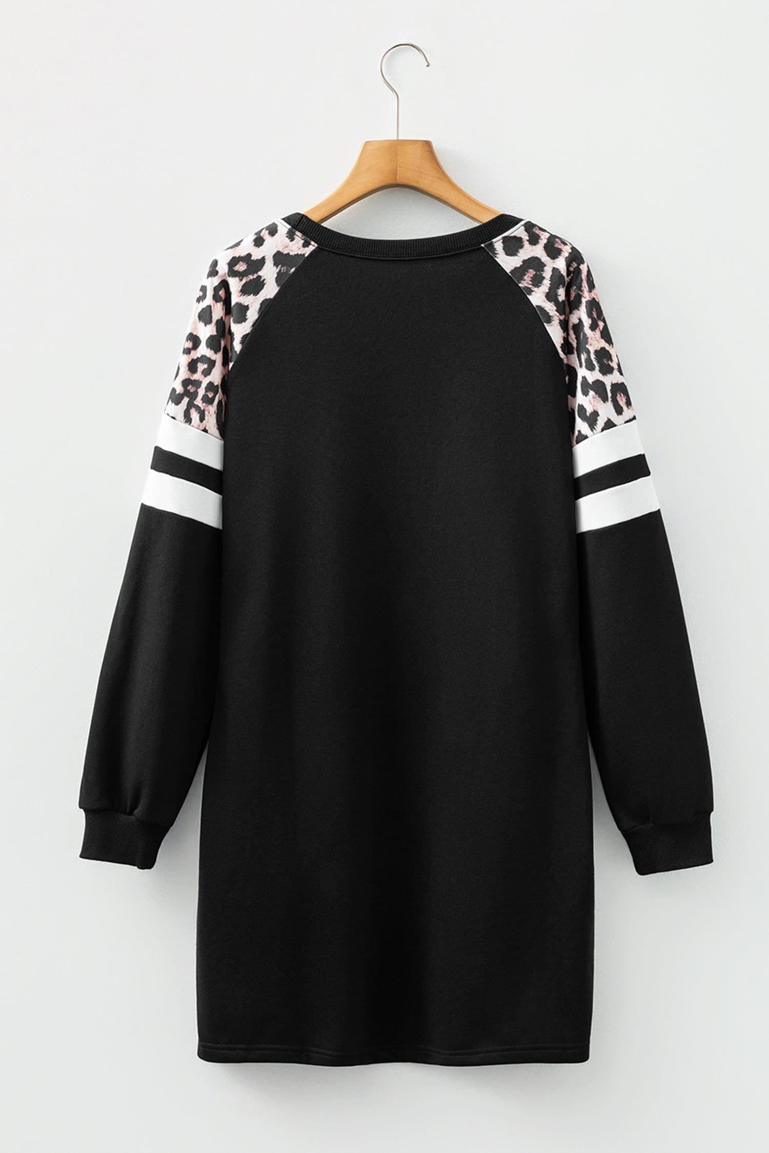 image-Black Leopard Print Patchwork Varsity Raglan Sleeve Sweatshirt Dress