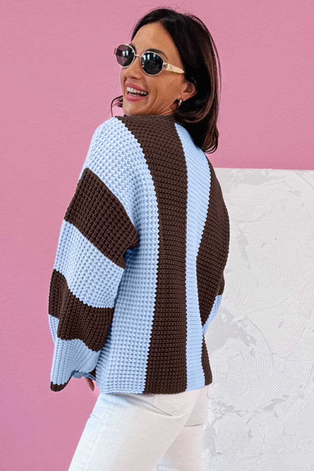 image-Fushia Striped Color Block Thermal Knit Sweater