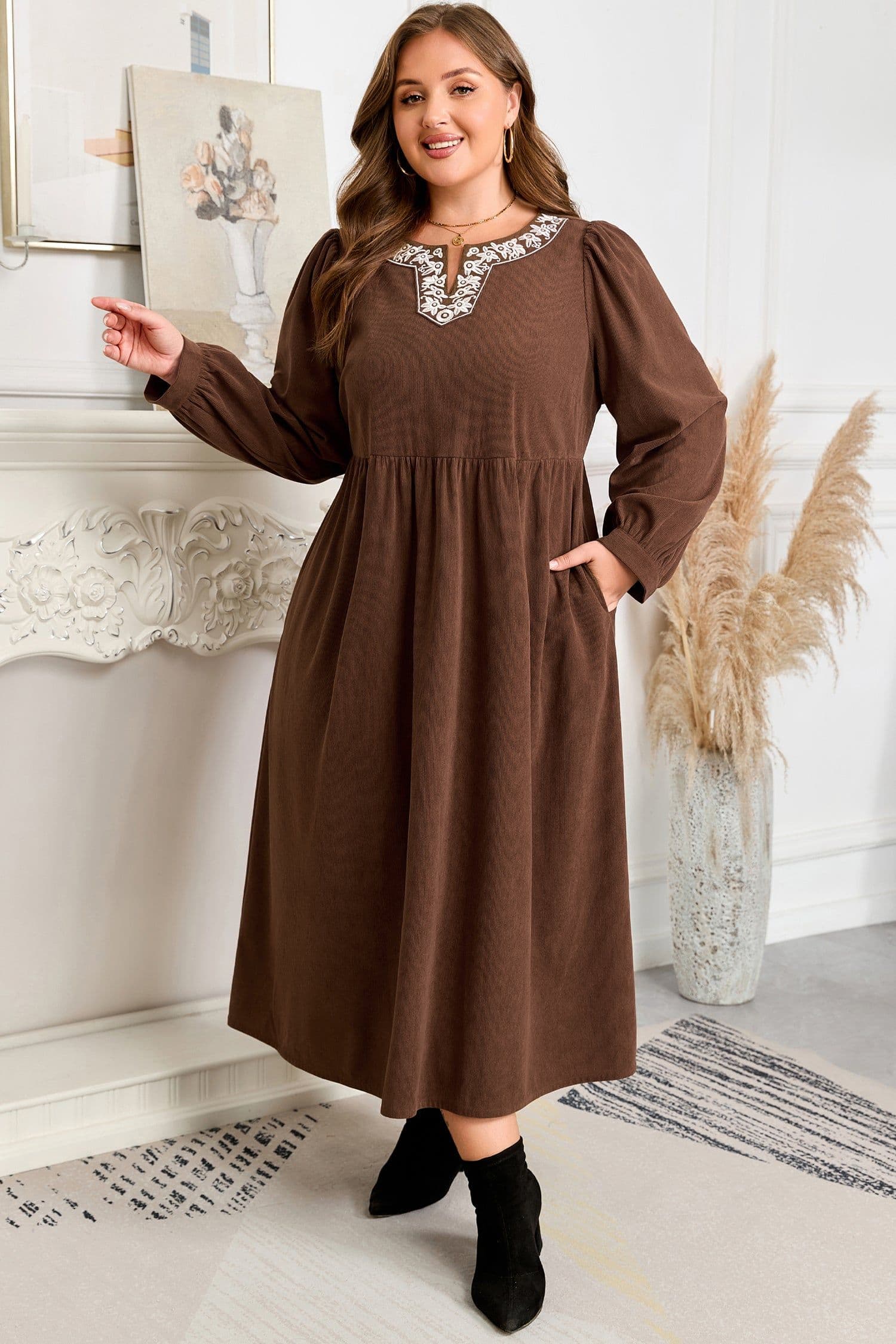 image-Coffee Embroidered Notched Neckline Textured Pleated High Waist Plus Size Midi Dress