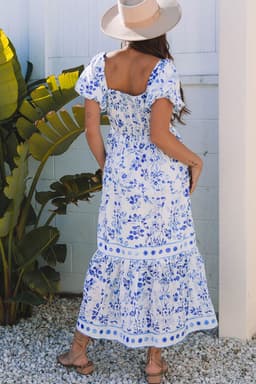 image-Sky Blue Floral Print Square Neck Bubble Sleeve High Waist Maxi Dress