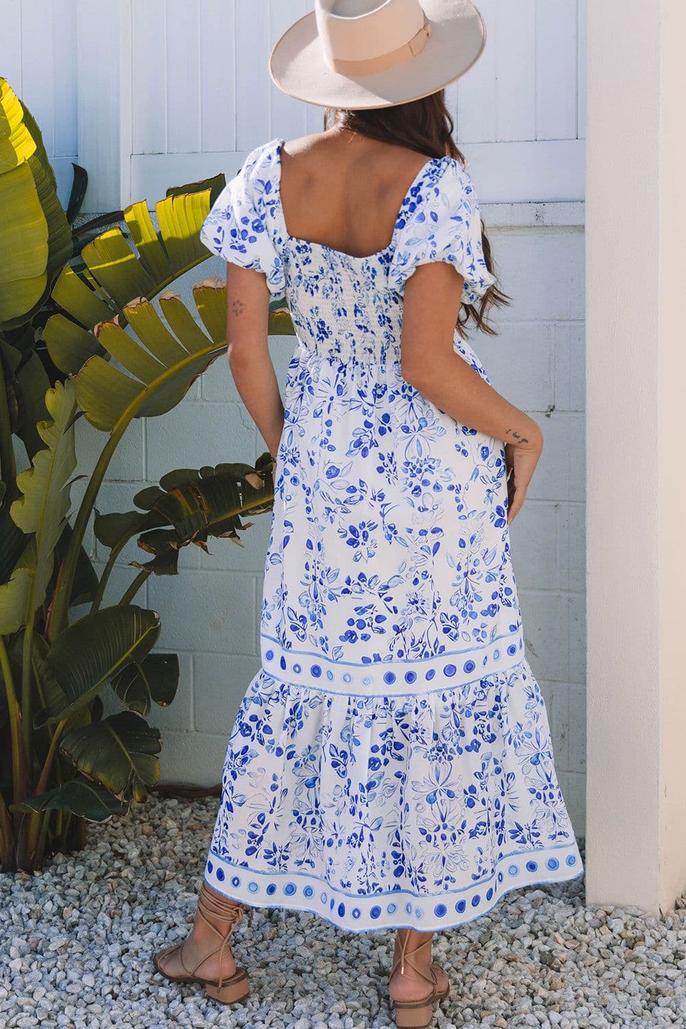 image-Sky Blue Floral Print Square Neck Bubble Sleeve High Waist Maxi Dress