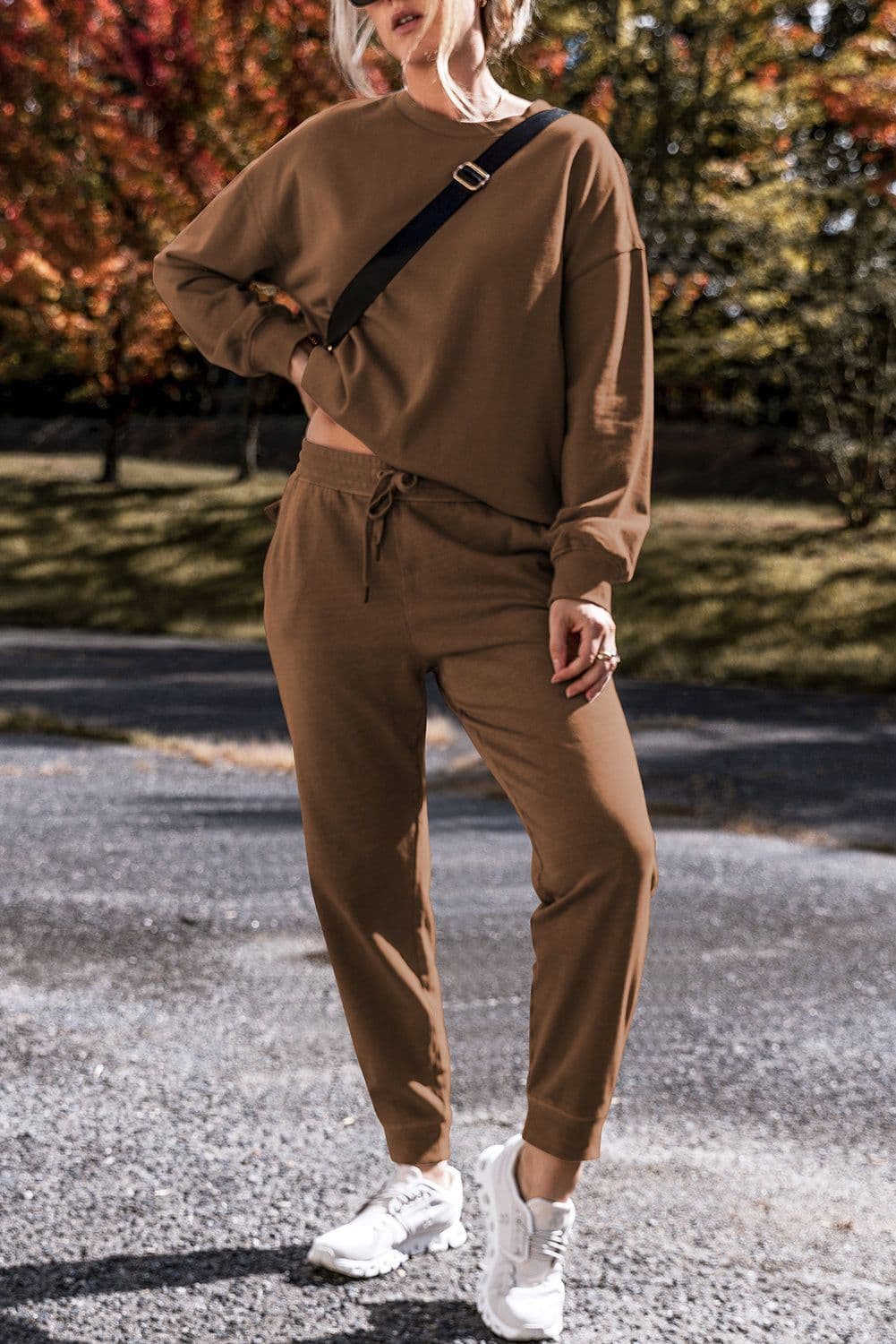 image-Coffee Solid Color High Low Pullover and Skinny Pants Set
