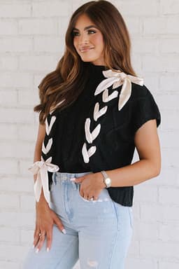 image-Black Cable Knit Colorblock Sweater Bowknot