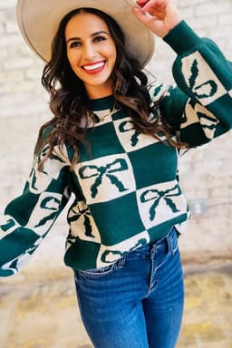 image-Blackish Green Checkered Bow Print Casual Sweater