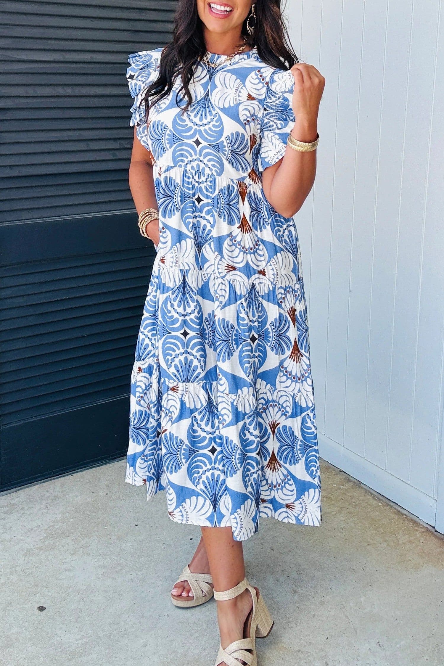 image-Sky Blue Tropical Botanic Print Flutter Sleeve Vacation Long Dress