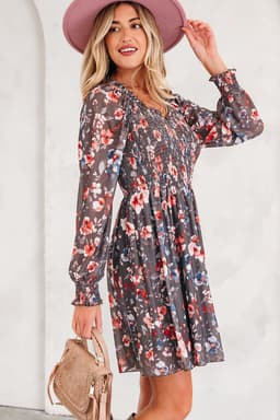image-Brown Floral Mesh Mini Dress - Smocked Bodice Long Sleeve