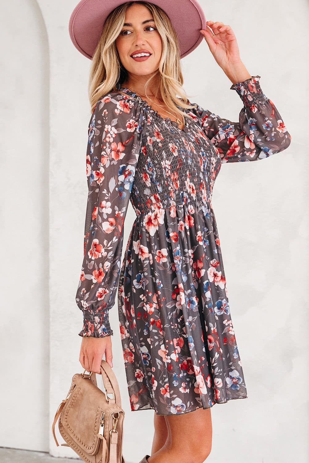 image-Brown Floral Mesh Mini Dress - Smocked Bodice Long Sleeve