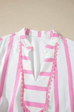image-Pink Stripe Plus Size V Neck Puff Sleeve Maxi