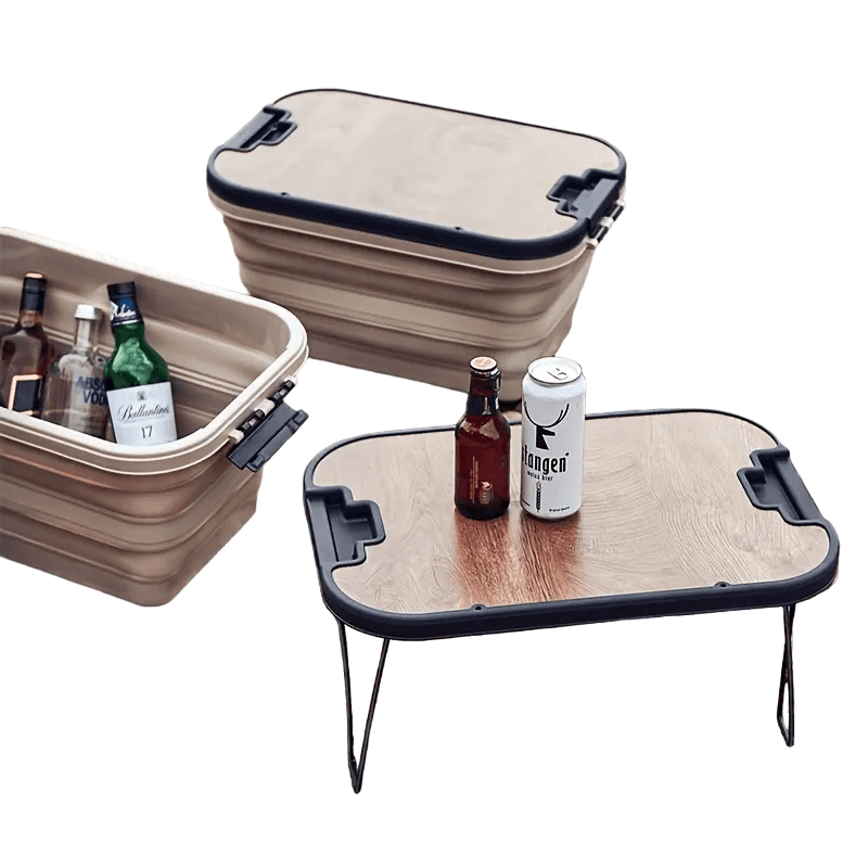 image-1 Set Outdoor Camping Folding Storage Box with Wooden Lid - Coffee Color