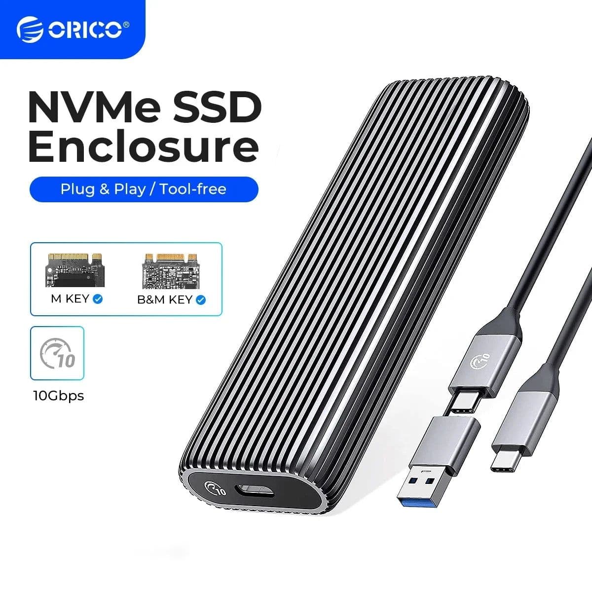 image-ORICO Tool Free Aluminum M2 NVMe SSD Enclosure 10Gbps PCIe Type C M.2 SSD Case NVMe M Key Solid State Drive Case Support UASP