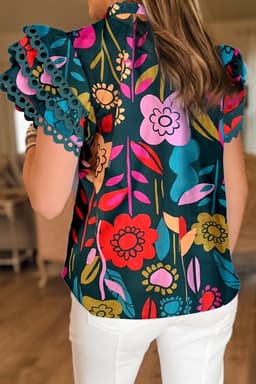 image-Floral Blouse - Green Trimmed Ruffle Sleeves Summer Top - Sizes Available