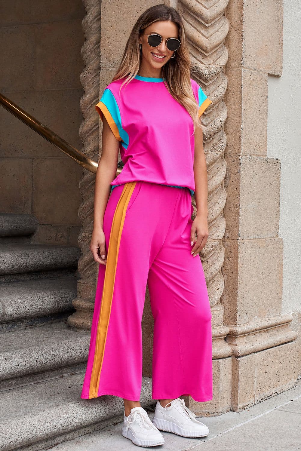 image-Strawberry Pink Color Block Two-Piece Set
