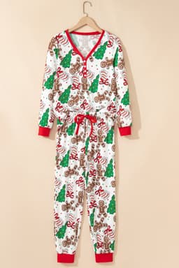 image-Pink Christmas Pattern Button V Neck Pullover Drawstring Pants 2pcs Lounge Set