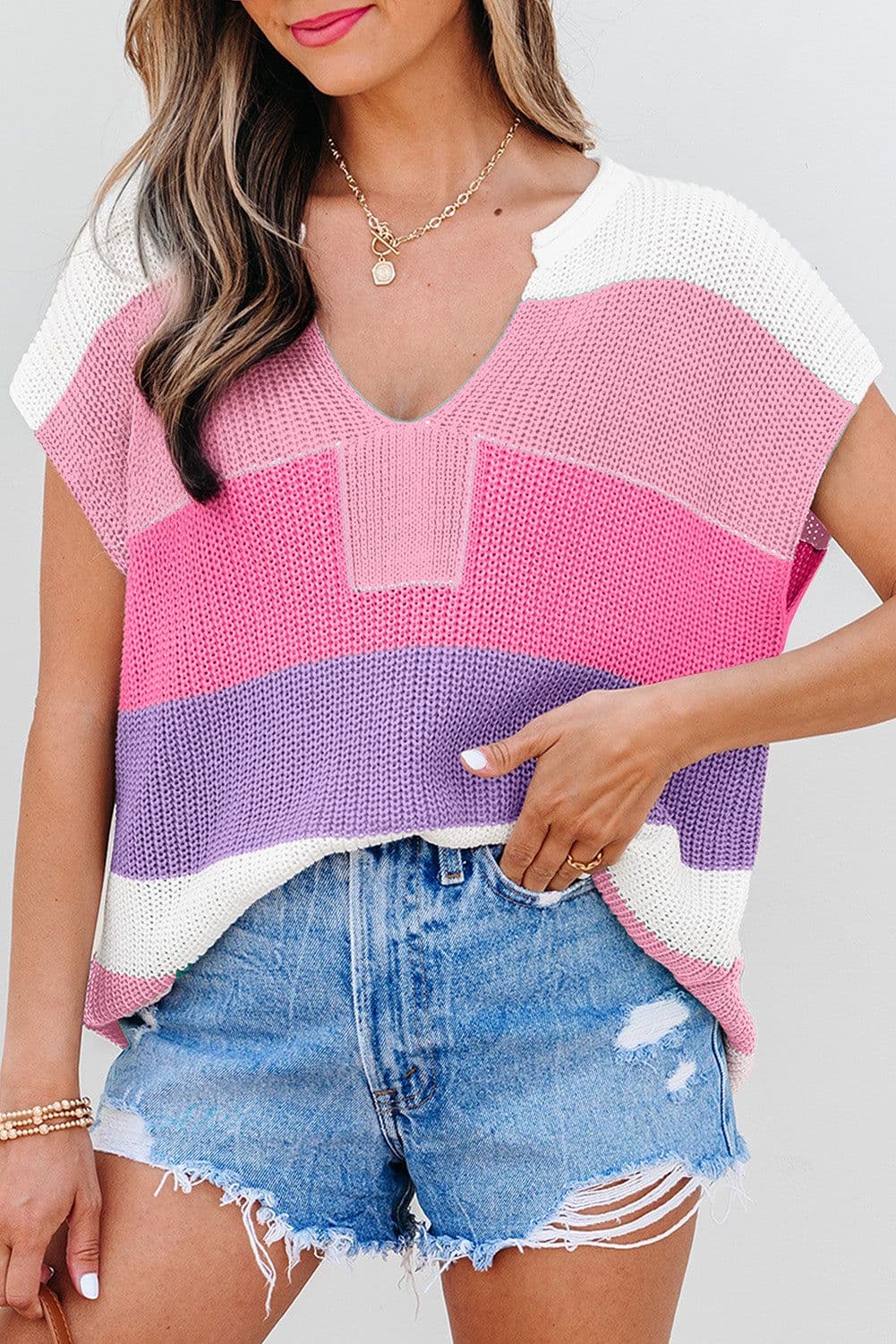 image-Pink Color Block Notch V Neck Knitted T-Shirt - Relaxed Fit