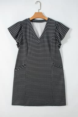 image-Black Stripe Textured Knit V Neck Flutter Sleeve Shift Mini Dress