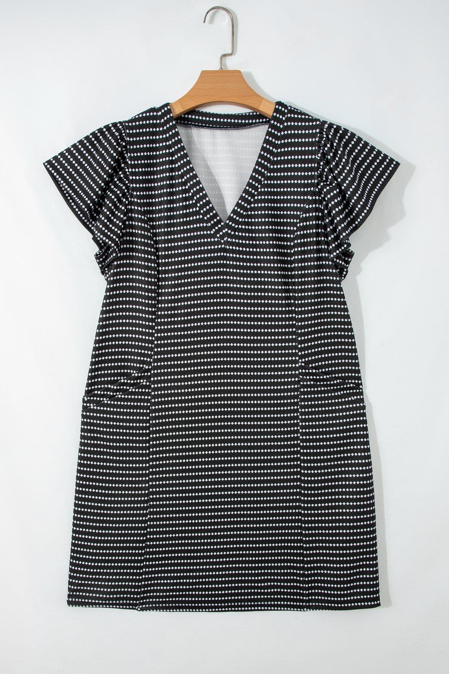 image-Black Stripe Textured Knit V Neck Flutter Sleeve Shift Mini Dress