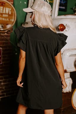 image-Black Ruffle Sleeve V Neck Frilled Shift Dress