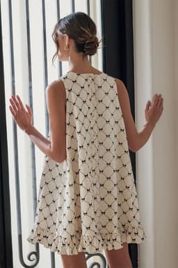 image-White Bow Checker Pearled Buttons Ruffled Mini Dress