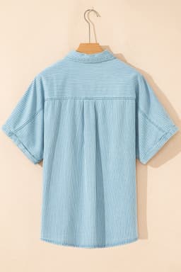 image-Sky Blue Stripe Short Sleeve Button Up Shirt
