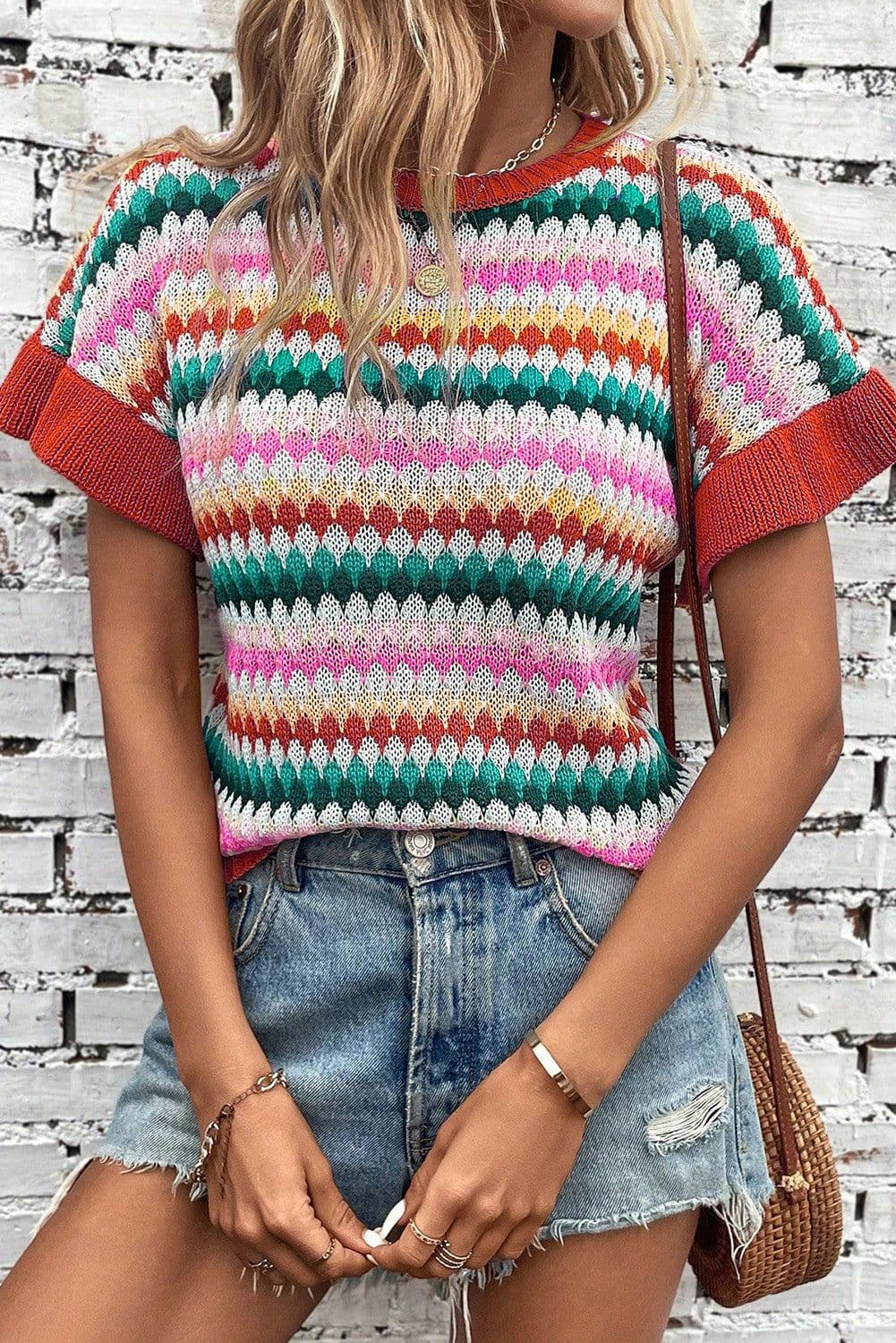 image-Fiery Red Trimmed Ruffle Sleeve Colorful Textured Sweater