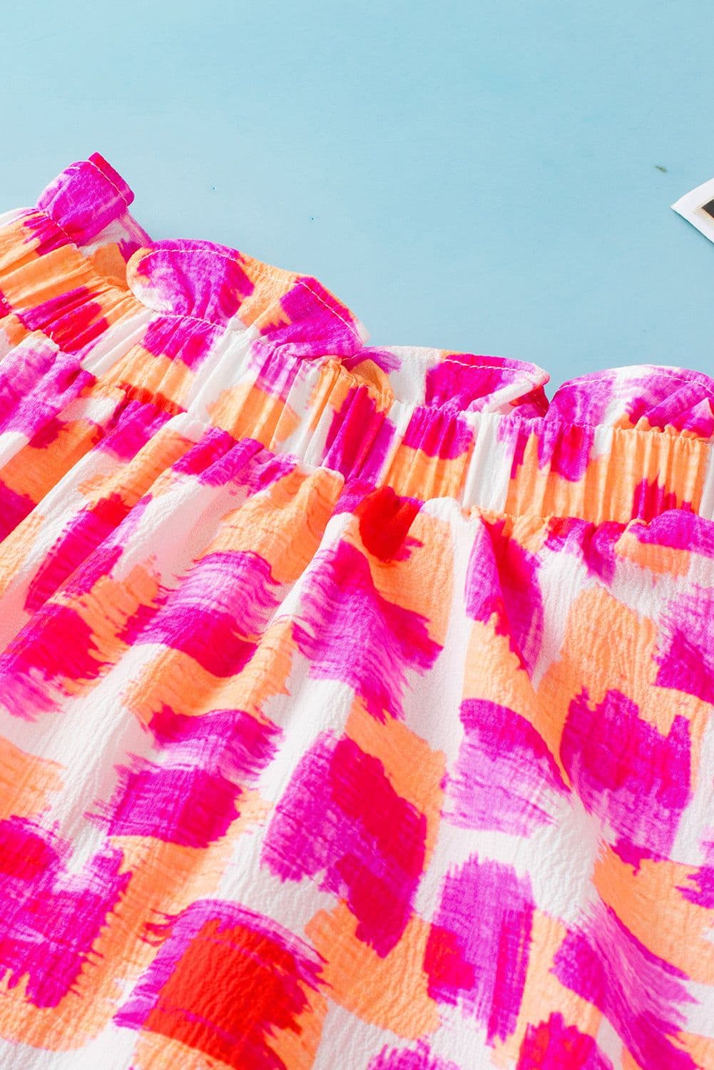 image-Pink Abstract Print Ruffled High Neck Button Back Blouse