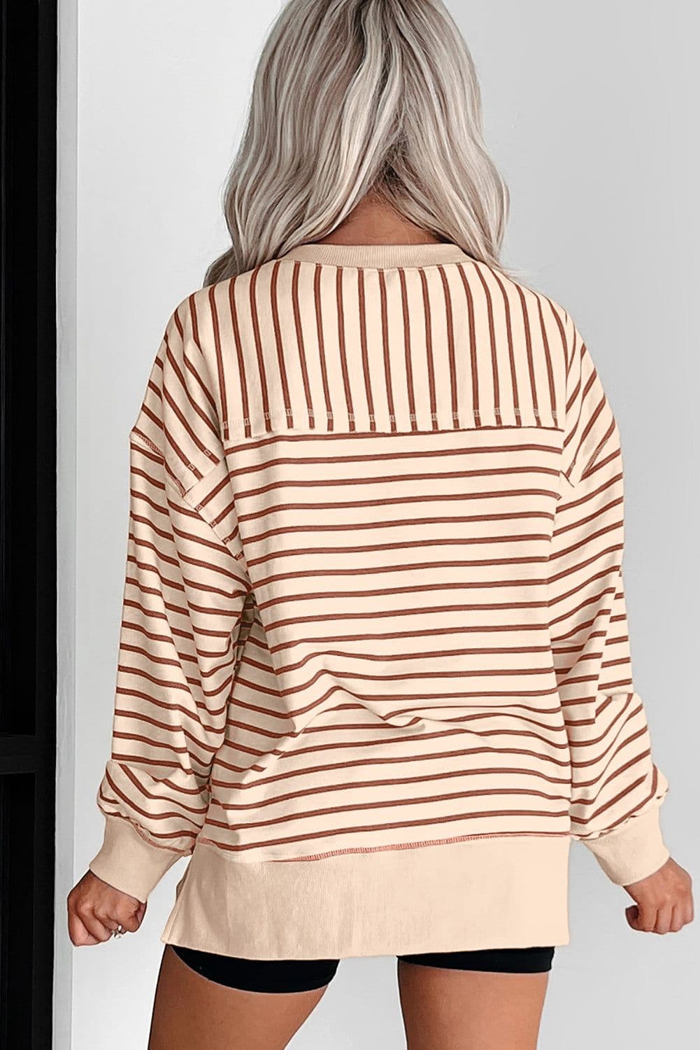 image-Khaki Stripe Baggy Sweatshirt Ribbed Band