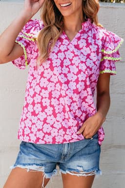 image-Pink Floral Ruffle Sleeve Blouse - Layered Contrast Ric Rac
