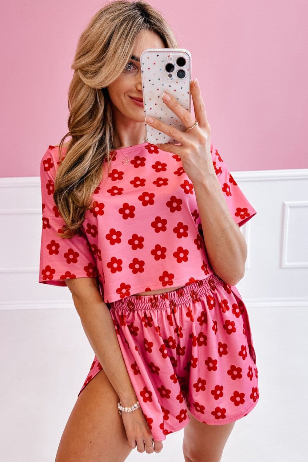 image-Rose Floral Print Crop Tee and Shorts Lounge Set