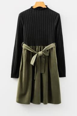 image-Black Ribbed Knit Flared Dress with Belt