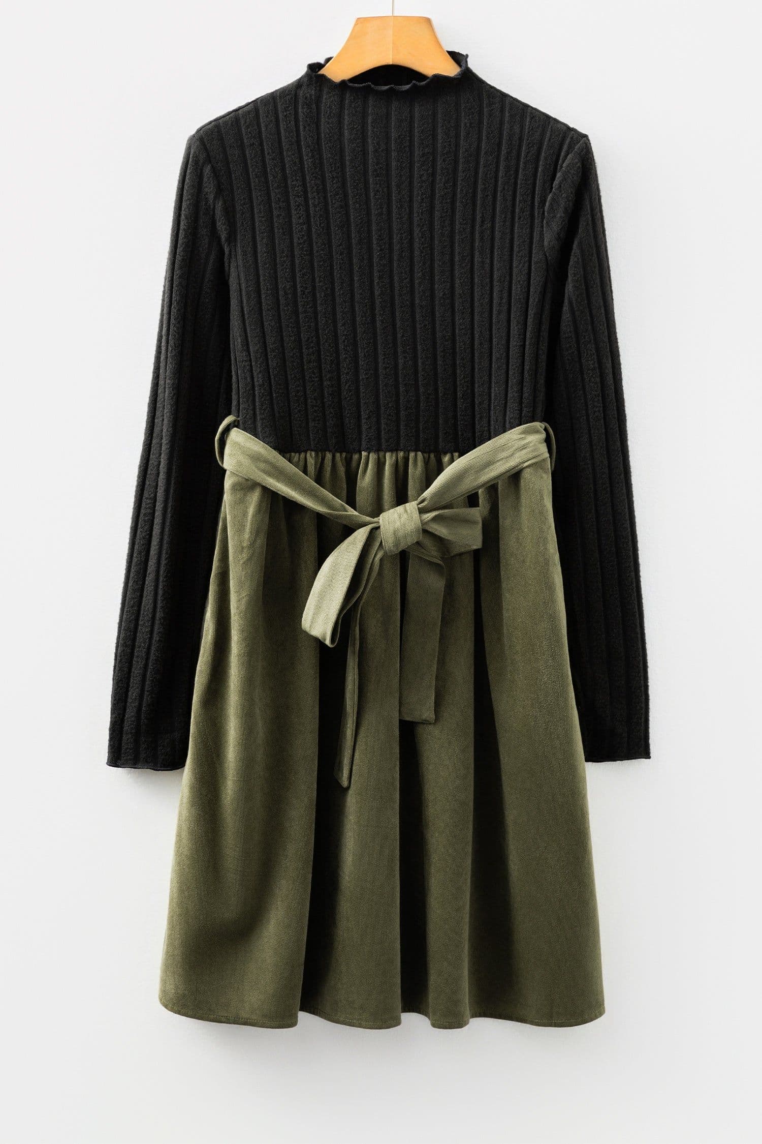image-Black Ribbed Knit Flared Dress with Belt