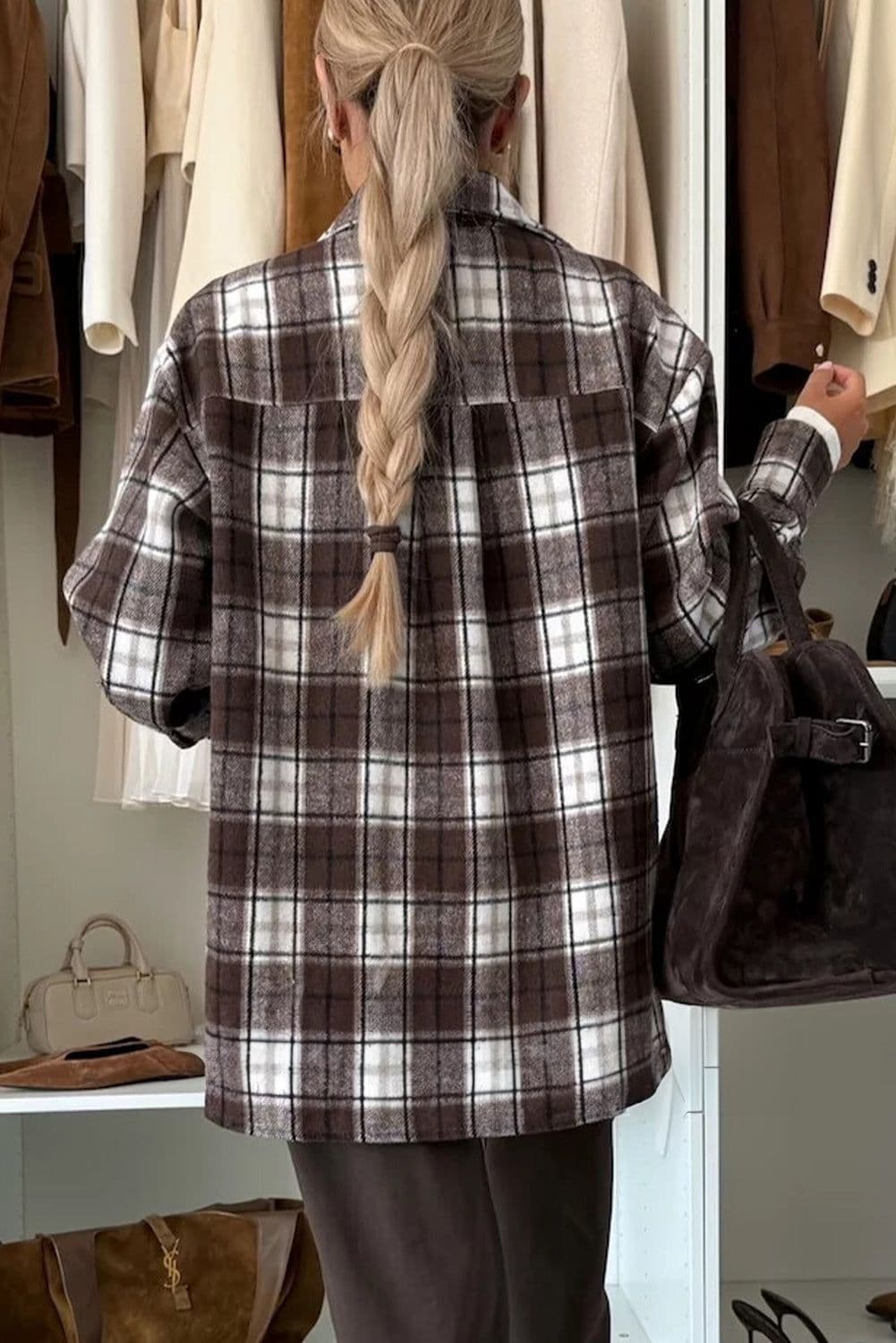 image-Dark Brown Flanel Plaid Single Chest Pocket Boyfriend Shacket