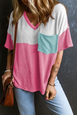 image-Rose Red Color Block Patch Pocket Tee - V Neck Casual Shirt