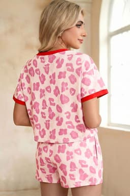 image-Rose Unique Leopard Print Contrast Trim Top Loose 2pcs Short Set