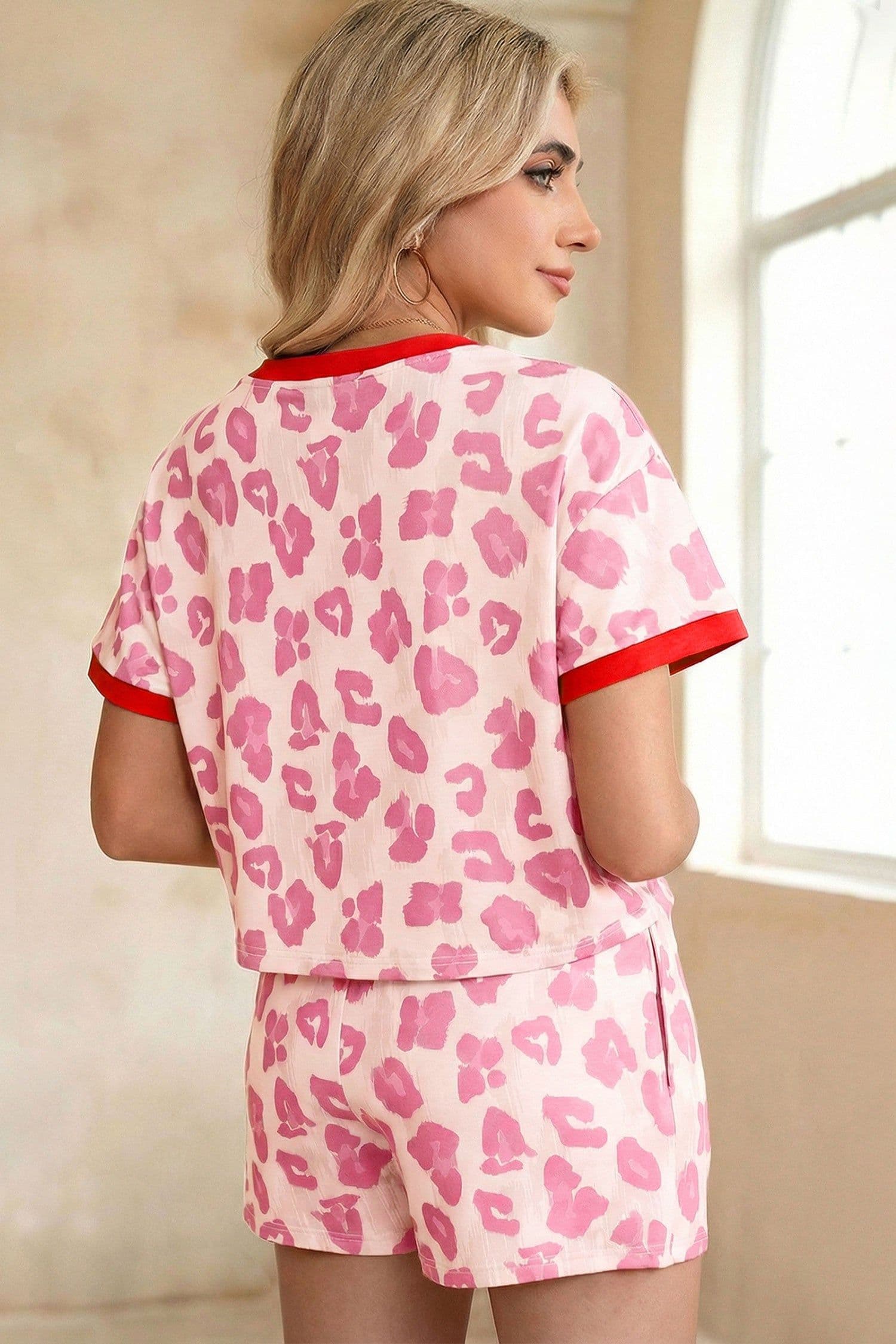 image-Rose Unique Leopard Print Contrast Trim Top Loose 2pcs Short Set