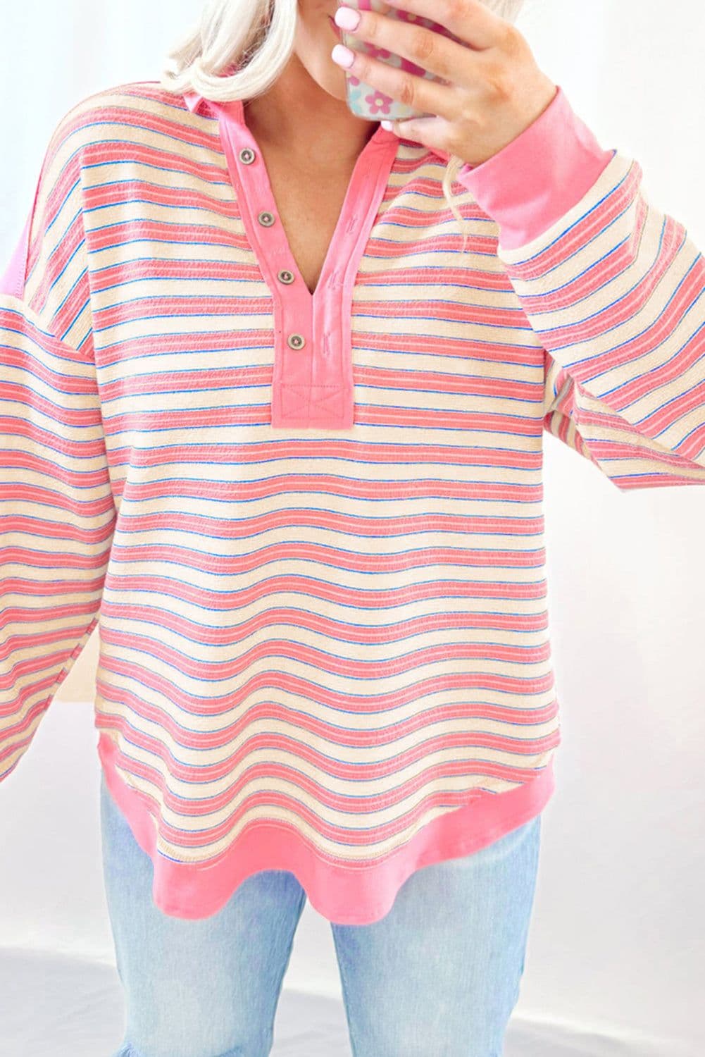 image-Red Stripe V-Neck Collared Button Top - Drop Shoulder